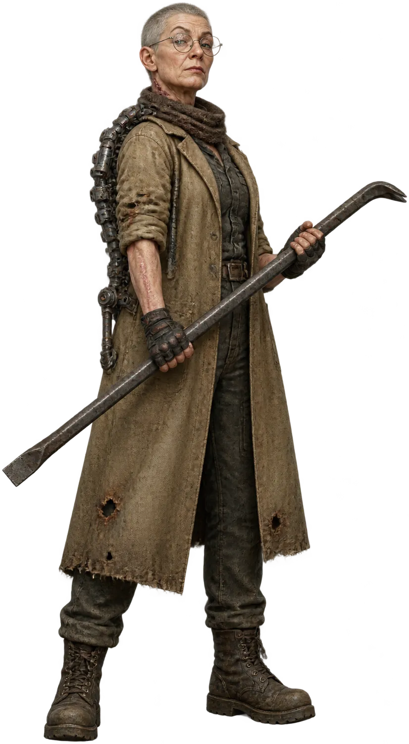 Cecily Wren holding a long pry bar across her coat