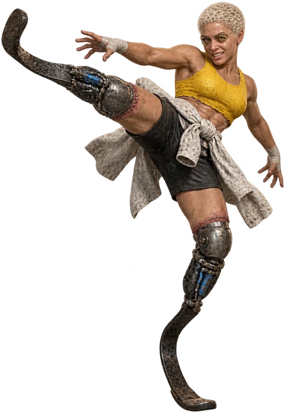 Odalys Brandt throws a high roundhouse with her carbon blade, teeth bared