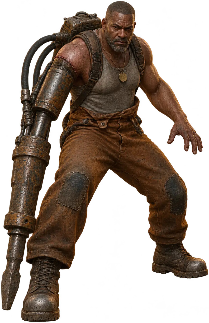 Pit Moyo in a low stance, hammer arm resting on the floor