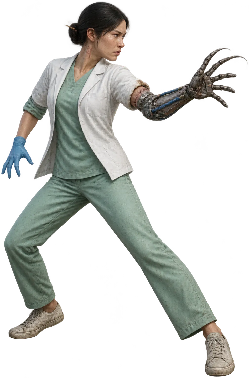 Lin Qiao in a side-on stance, surgical fingers fanned toward you